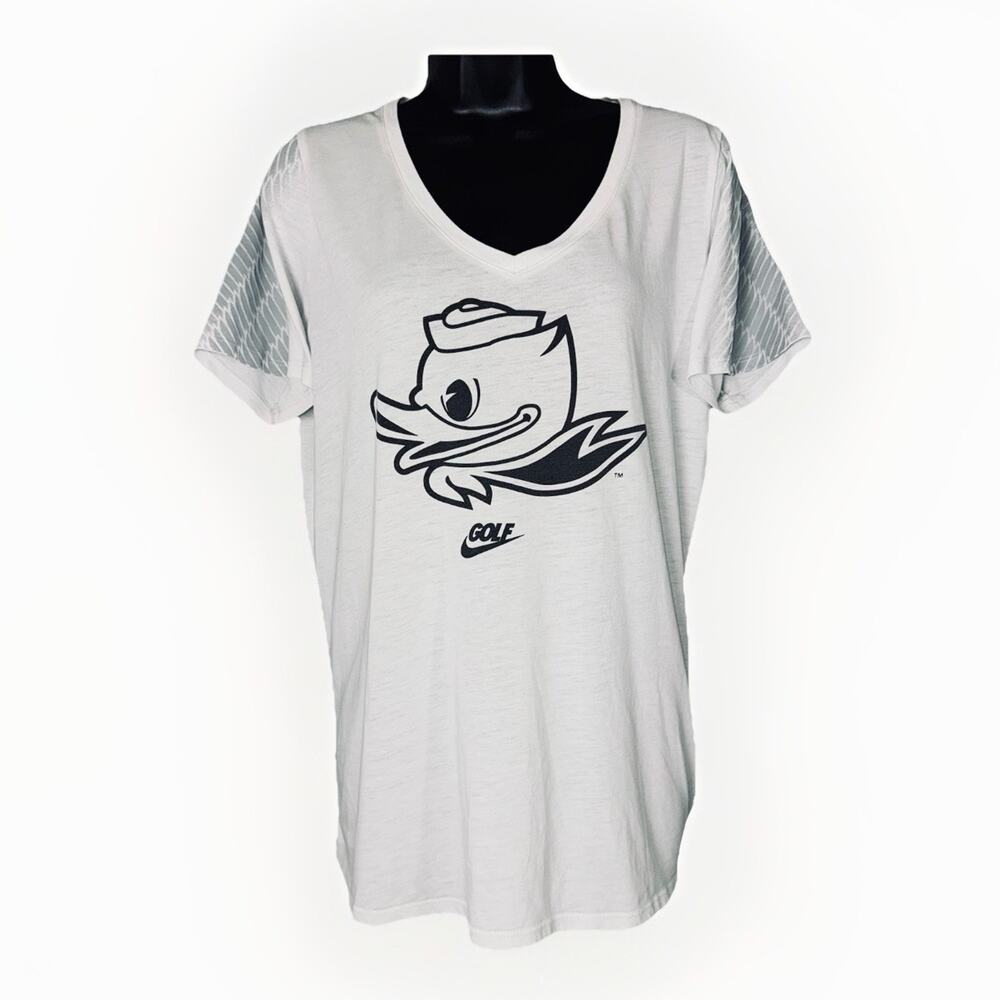 Nike‎ Golf University Oregon Ducks Large White T-shirt Tee Feather Print V-Neck